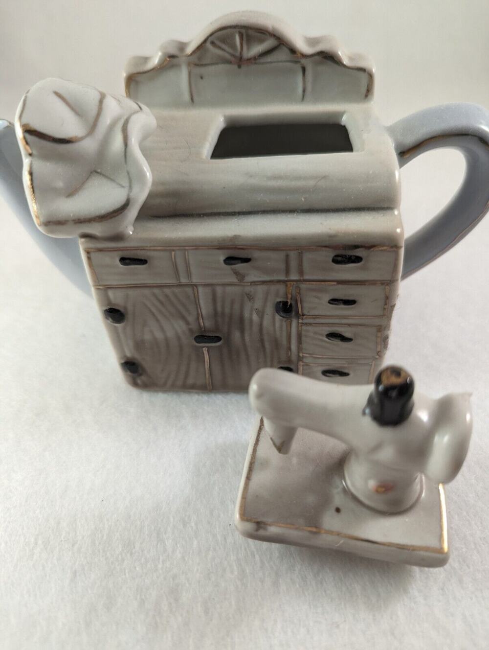 China Porcelain Decor Sewing Trinket Box Teapot.Size 4" X6" X 2.5"Beige/Blue